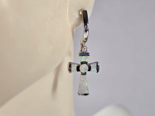 Womens Estate Sterling Silver Opal Cross Earrings 4.2g E4529