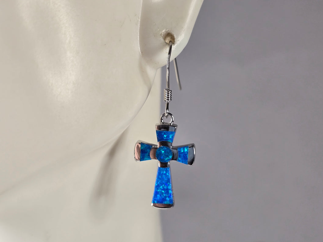Womens Estate Sterling Silver Blue Opal Cross Earrings 3.0g E4532