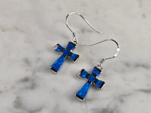 Load image into Gallery viewer, Womens Estate Sterling Silver Blue Opal Cross Earrings 3.0g E4532