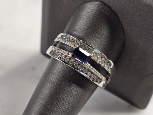 Womens Art Deco 14K White Gold Band Blue Sapphire & Diamond Ring 6.1g E4820
