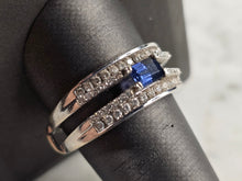 Load image into Gallery viewer, Womens Art Deco 14K White Gold Band Blue Sapphire &amp; Diamond Ring 6.1g E4820