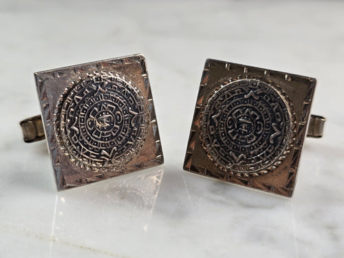 Mens Vintage Estate Sterling Silver Incan Mayan Calendar Cuff Links 15.3g E4949