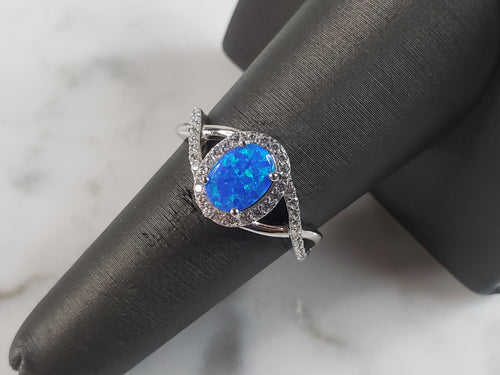 Womens Estate Sterling Silver Modernist Blue Opal & CZ Ring 3.4g E5063