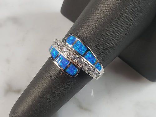 Womens Estate Sterling Silver Modernist Blue Opal & CZ Ring 4.5g E5073