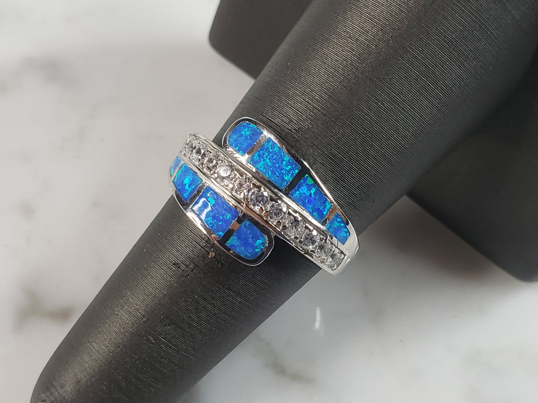Womens Estate Sterling Silver Modernist Blue Opal & CZ Ring 4.5g E5073