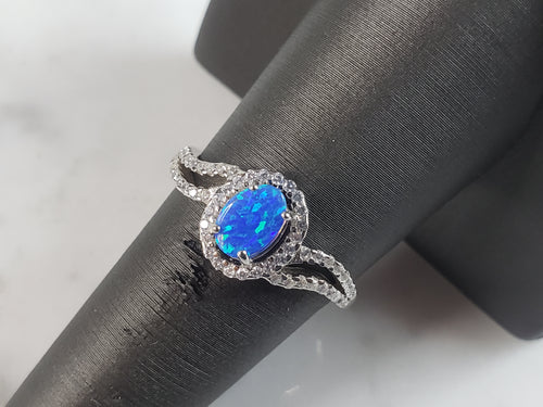 Womens Estate Sterling Silver Modernist Blue Opal & CZ Ring 2.2g E5082