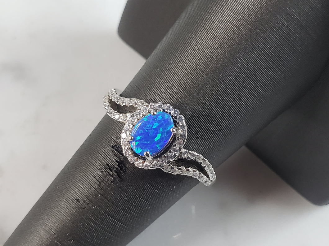 Womens Estate Sterling Silver Modernist Blue Opal & CZ Ring 2.2g E5082