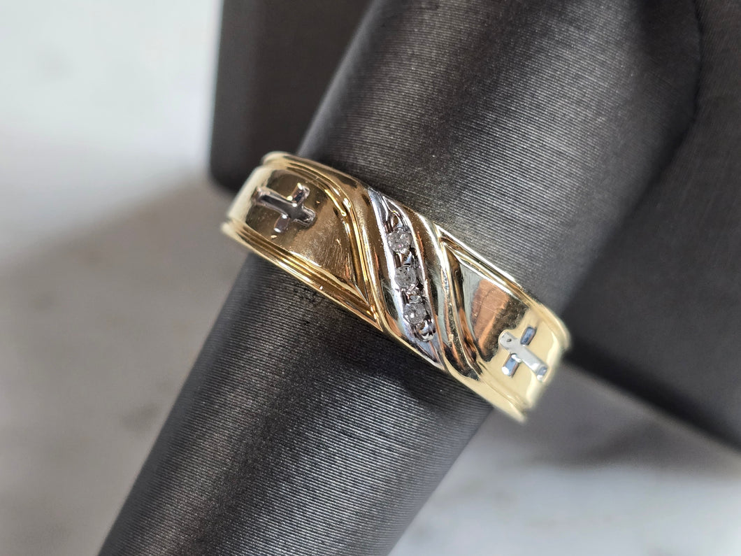Mens Vintage Estate 10K Yellow Gold Religious Diamond Cross Ring 4.1g E5230