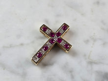 Load image into Gallery viewer, Womens 10K Gold Sapphire Ruby Diamond Reversible Cross Pendant 3.3g E5715