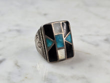 Load image into Gallery viewer, Mens Vintage Sterling Silver Southwestern Turquoise MOP Onyx Ring 13.1g E605