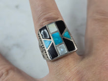 Load image into Gallery viewer, Mens Vintage Sterling Silver Southwestern Turquoise MOP Onyx Ring 13.1g E605