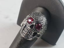 Load image into Gallery viewer, Mens Sterling Silver Ruby Eyed Skull Ring 14.3g E6413