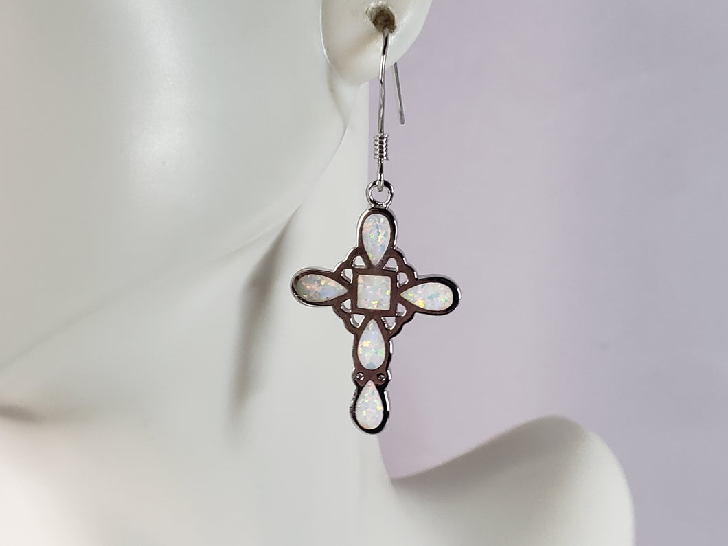 Womens Estate Sterling Silver Opal Cross Earrings 4.2g E6418