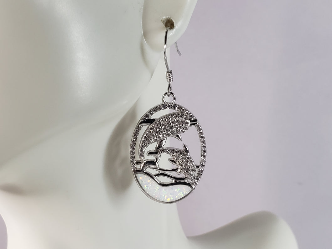 Womens Estate Sterling Silver Opal Dolphin Earrings 7.7g E6425