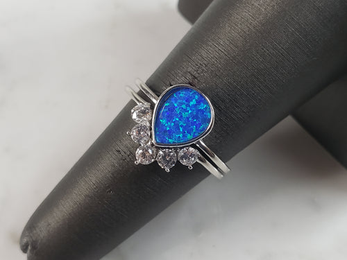 Womens Estate Sterling Silver Modernist Blue Opal & CZ Ring Set 2.7g E6452