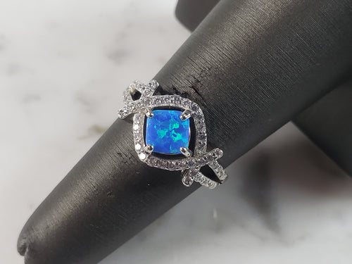 Womens Estate Sterling Silver Modernist Blue Opal & CZ Ring 3.2g E6453