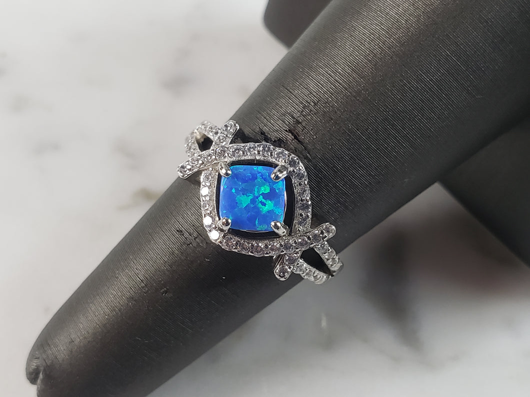 Womens Estate Sterling Silver Modernist Blue Opal & CZ Ring 3.2g E6453