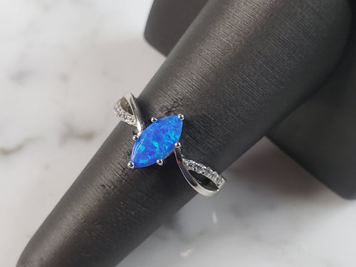 Womens Estate Sterling Silver Modernist Blue Opal & CZ Ring 2.6g E6454