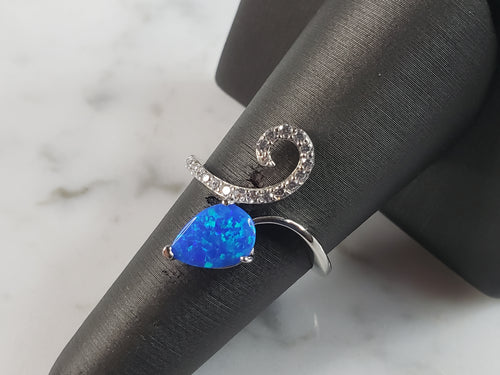 Womens Estate Sterling Silver Modernist Blue Opal & CZ Ring 2.7g E6455