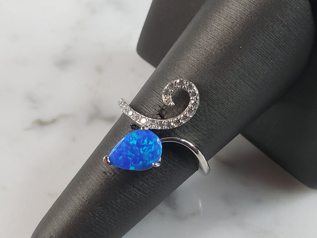 Womens Estate Sterling Silver Modernist Blue Opal & CZ Ring 2.7g E6455
