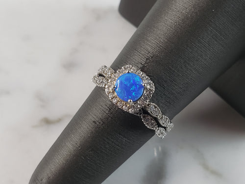 Womens Estate Sterling Silver Modernist Blue Opal & CZ Ring Set 3.2g E6456