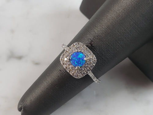 Womens Estate Sterling Silver Modernist Blue Opal & CZ Ring 2.5g E6457