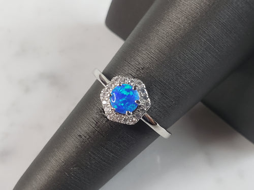Womens Estate Sterling Silver Modernist Blue Opal & CZ Ring 2.3g E6459