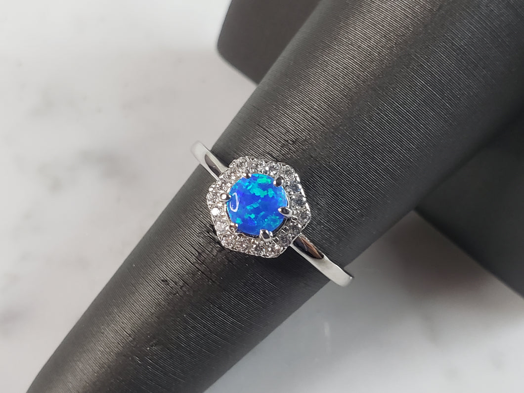 Womens Estate Sterling Silver Modernist Blue Opal & CZ Ring 2.3g E6459