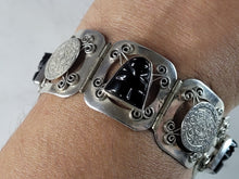 Load image into Gallery viewer, Womens Vintage Estate Sterling Silver Mayan Aztec Onyx Bracelet 40.5g E6586
