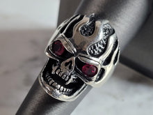 Load image into Gallery viewer, Mens Sterling Silver Ruby Eyed Skull Goth Ring 13.8g E6981