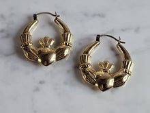 Load image into Gallery viewer, Womens Vintage Estate 10K Yellow Gold Irish Claddagh Hoop Earrings, 5.1g #E7016