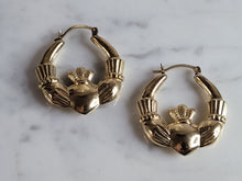 Load image into Gallery viewer, Womens Vintage Estate 10K Yellow Gold Irish Claddagh Hoop Earrings, 5.1g #E7016