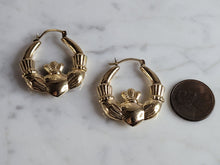 Load image into Gallery viewer, Womens Vintage Estate 10K Yellow Gold Irish Claddagh Hoop Earrings, 5.1g #E7016