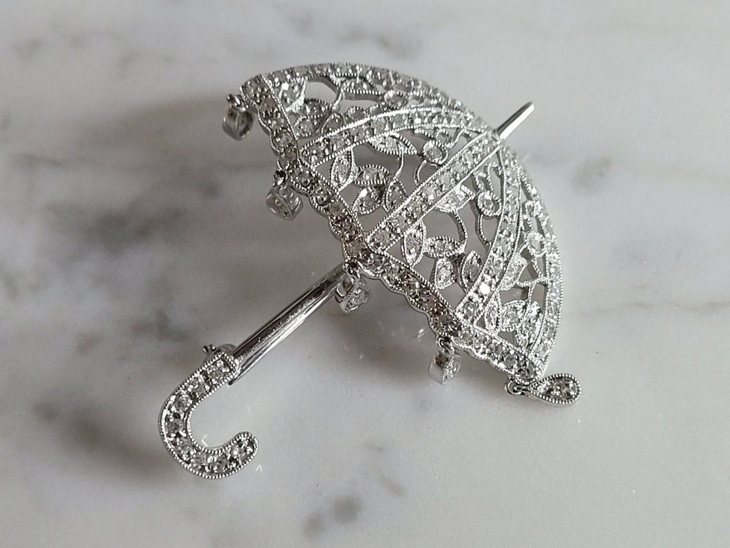 Women Vintage Estate 14k White Gold Diamond Parasol Umbrella Brooch 6.9g E7083