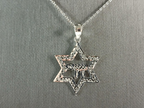 Sterling Silver Jewish Judaica Star of David Chai Pendant Necklace, 2.6g E7499