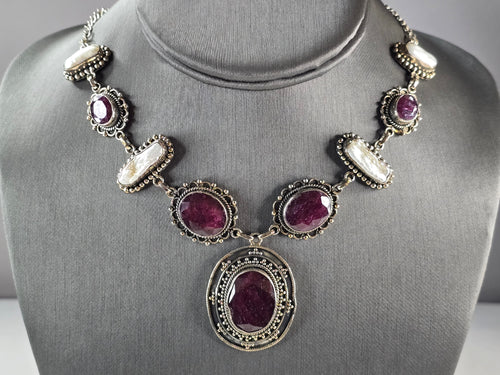 Womens Estate Sterling Silver Natural Ruby Pearl Pendant Necklace 50.2g E7509