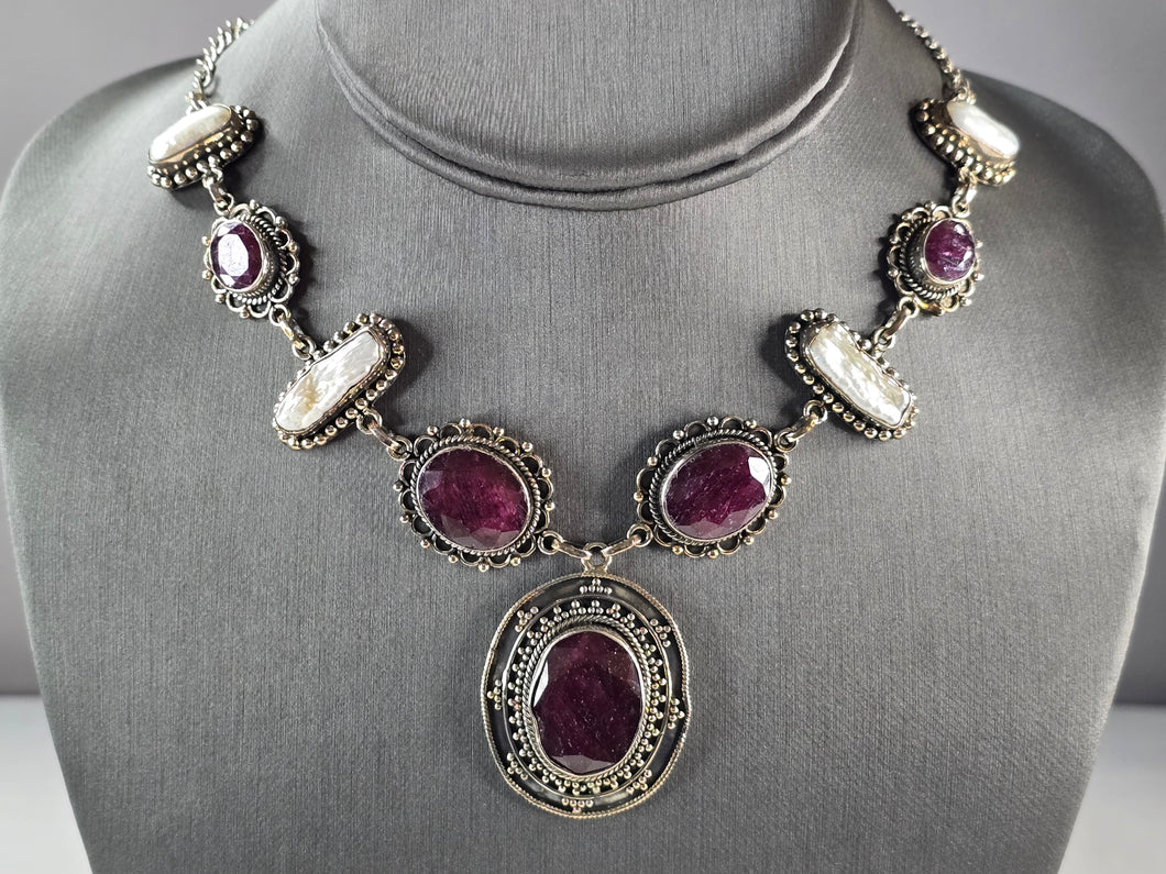 Womens Estate Sterling Silver Natural Ruby Pearl Pendant Necklace 50.2g E7509