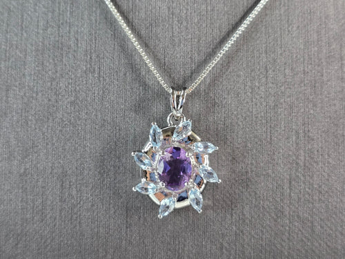 Womens Estate Sterling Silver Amethyst Topaz Pendant Necklace 6.0g E7539