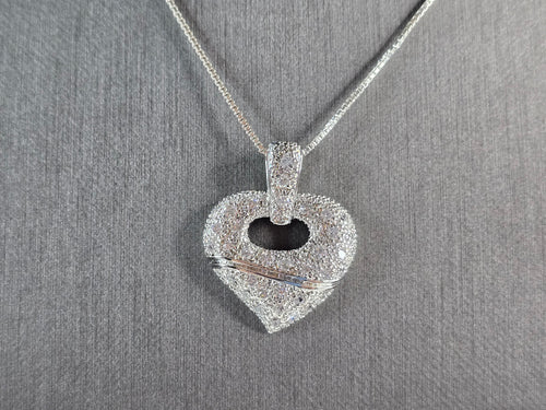 Womens Estate Sterling Silver Heart CZ Pendant W/ Necklace 9.2g E7556
