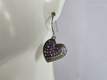 Load image into Gallery viewer, Womens Vintage Estate Sterling Silver Amethyst Heart Dangle Earrings, 3.9g E7651