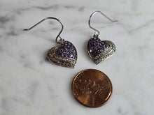Load image into Gallery viewer, Womens Vintage Estate Sterling Silver Amethyst Heart Dangle Earrings, 3.9g E7651