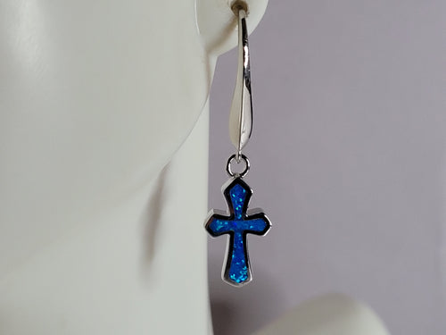 Womens Estate Sterling Silver Blue Opal Religious Cross Earrings 4.1g E785