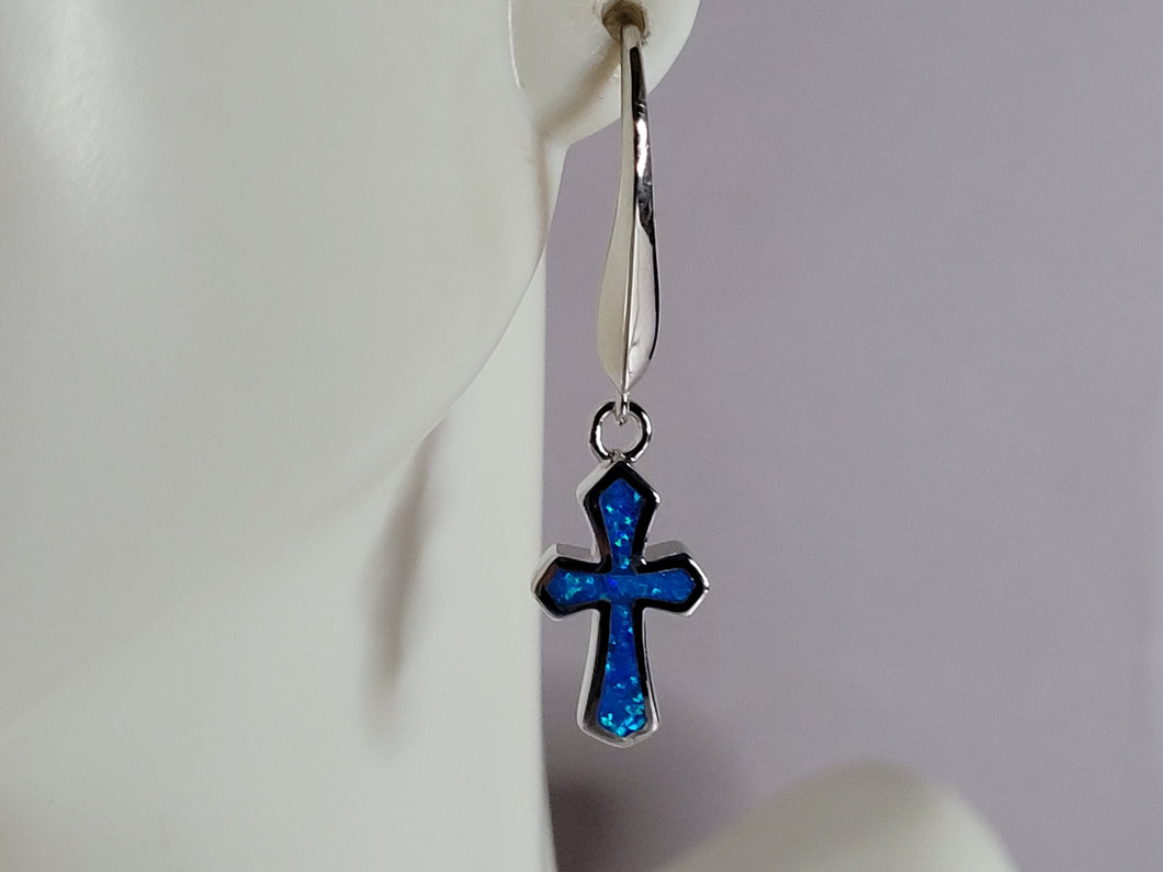 Womens Estate Sterling Silver Blue Opal Religious Cross Earrings 4.1g E785