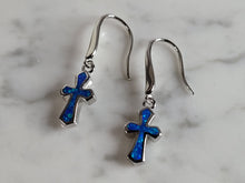 Load image into Gallery viewer, Womens Estate Sterling Silver Blue Opal Religious Cross Earrings 4.1g E785