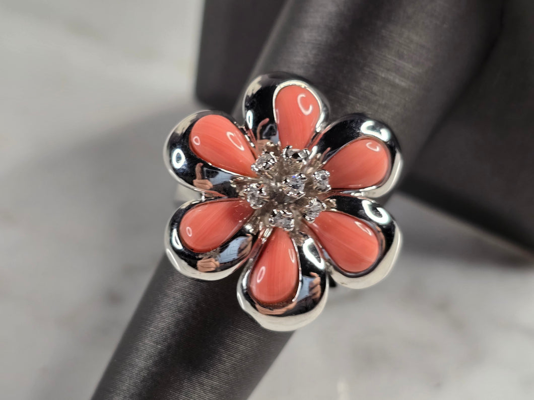Womens Estate Sterling Silver Coral Flower Ring 9.1g E7903