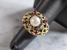 Load image into Gallery viewer, Womens Vintage Estate 14K Gold Pearl Rubies Diamonds Ring 8.5g E7936