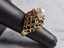 Load image into Gallery viewer, Womens Vintage Estate 14K Gold Pearl Rubies Diamonds Ring 8.5g E7936