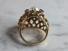 Load image into Gallery viewer, Womens Vintage Estate 14K Gold Pearl Rubies Diamonds Ring 8.5g E7936