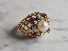Load image into Gallery viewer, Womens Vintage Estate 14K Gold Pearl Rubies Diamonds Ring 8.5g E7936