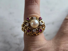 Load image into Gallery viewer, Womens Vintage Estate 14K Gold Pearl Rubies Diamonds Ring 8.5g E7936
